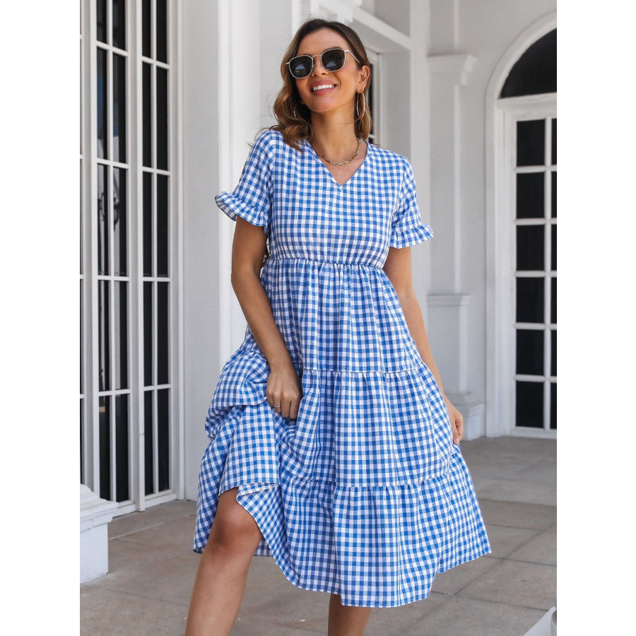 Plaid V-Neck Short Sleeve Midi Dress Blue / S Apparel and Accessories