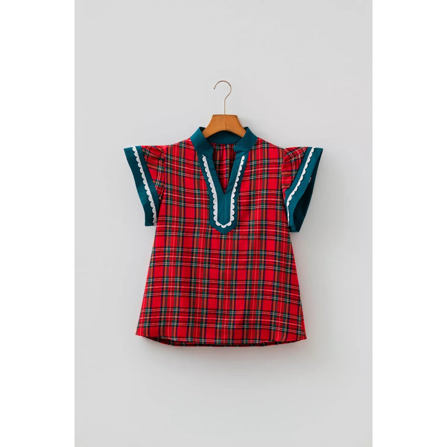 Plaid V Neck Short Sleeve Shift Blouse Apparel and Accessories