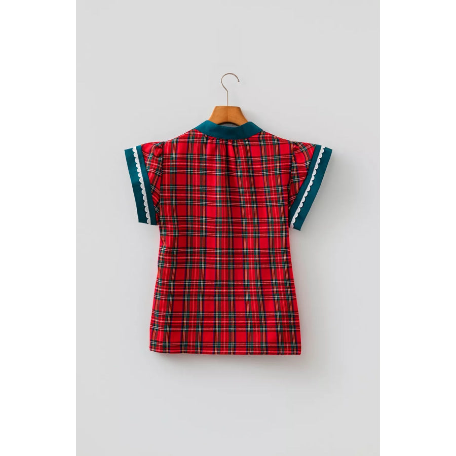 Plaid V Neck Short Sleeve Shift Blouse Apparel and Accessories