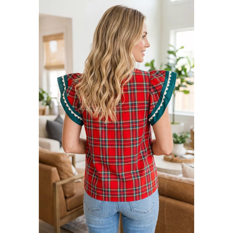 Plaid V Neck Short Sleeve Shift Blouse Apparel and Accessories