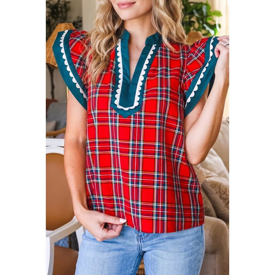 Plaid V Neck Short Sleeve Shift Blouse Deep Red / S Apparel and Accessories