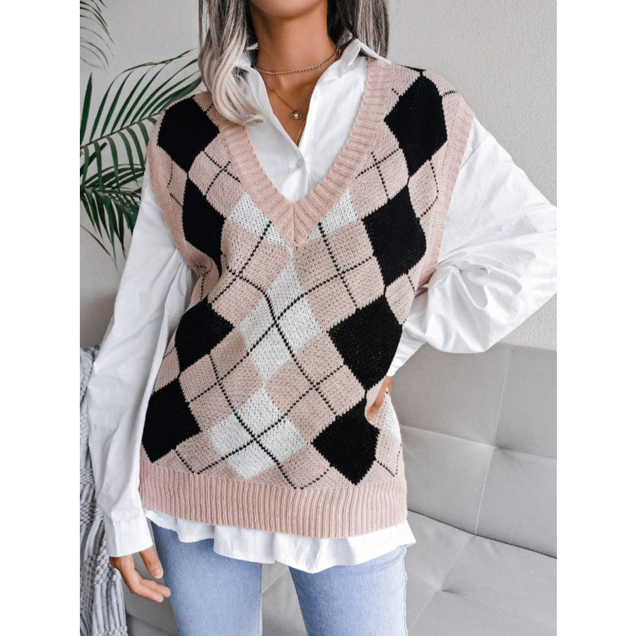 Plaid V-Neck Sweater Vest Dusty Pink / S Apparel and Accessories