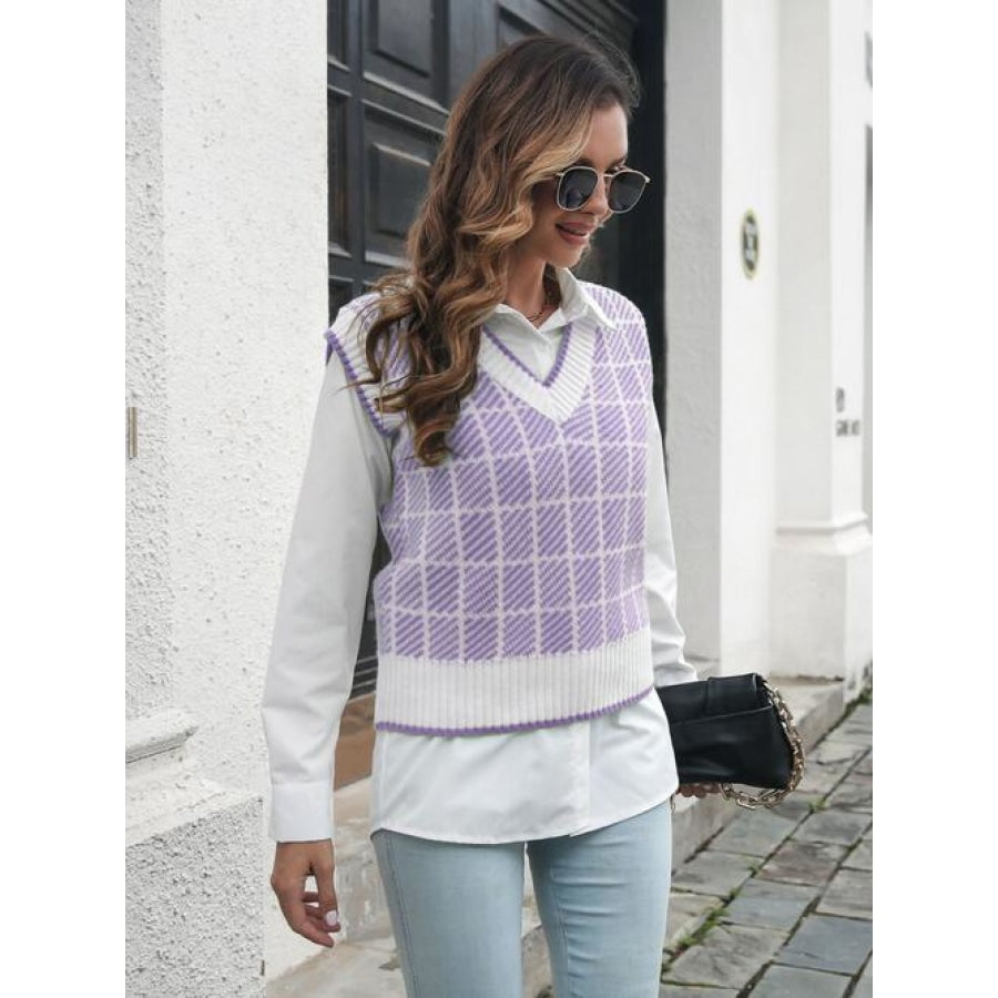 Plaid V-Neck Sweater Vest Lavender / S