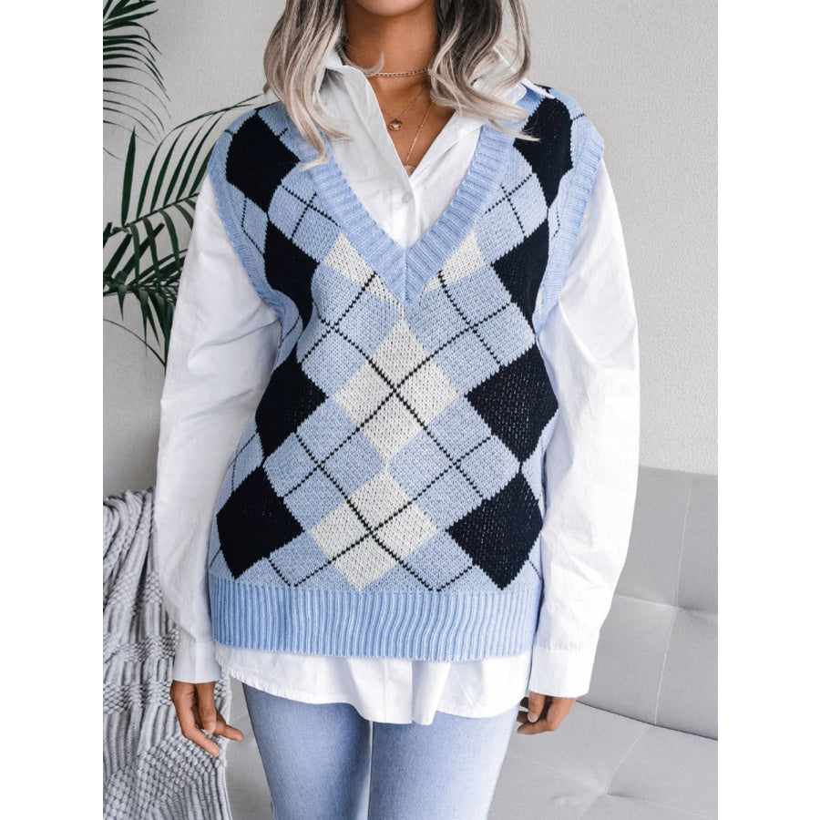 Plaid V-Neck Sweater Vest Misty Blue / S Apparel and Accessories