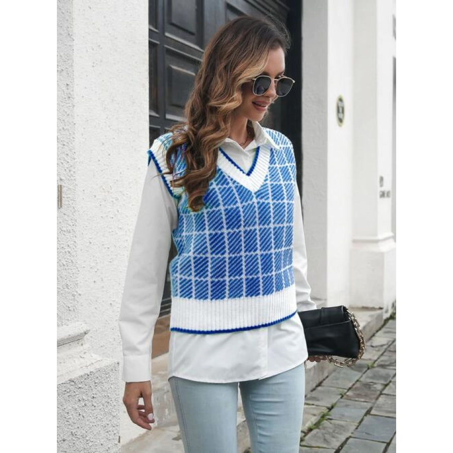 Plaid V-Neck Sweater Vest Peacock Blue / S