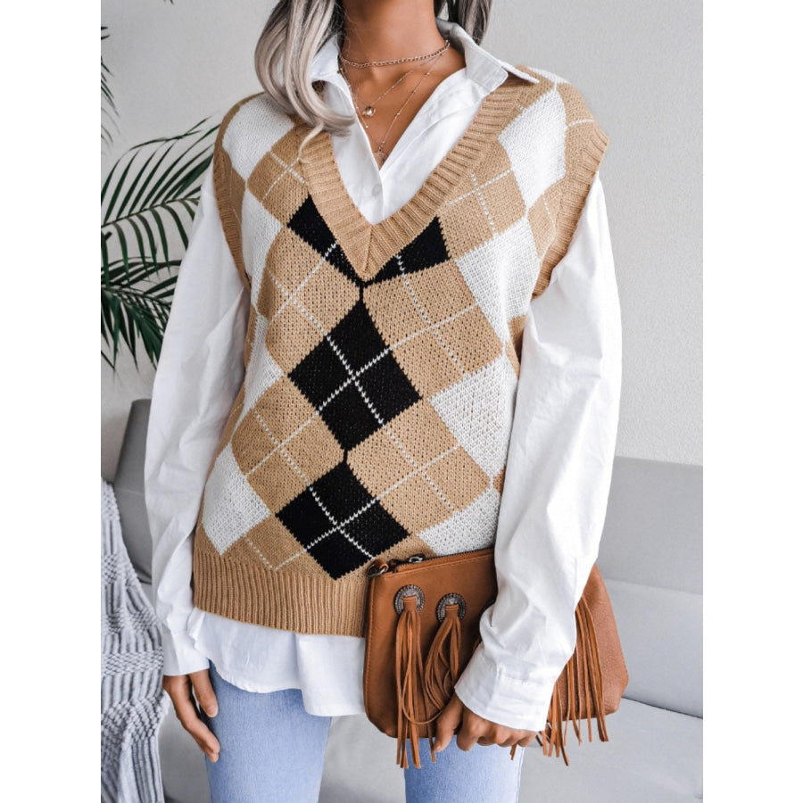 Plaid V-Neck Sweater Vest Tan / S Apparel and Accessories