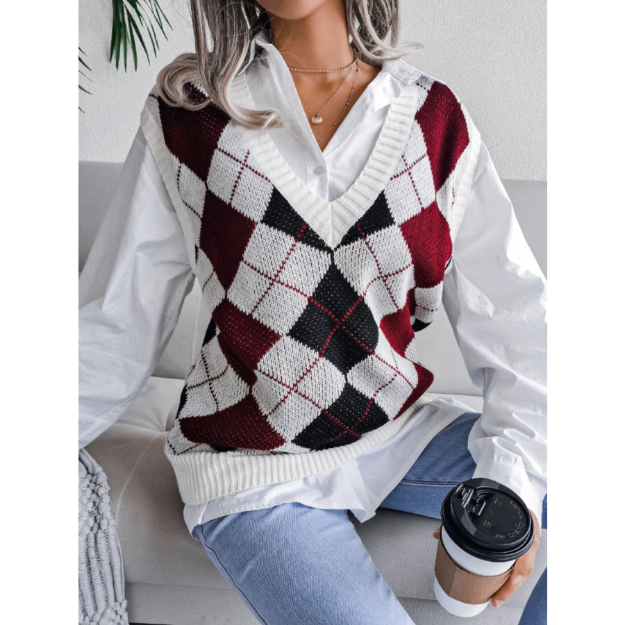 Plaid V-Neck Sweater Vest Wine / S Apparel and Accessories