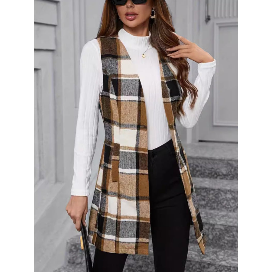 Plaid V-Neck Vest Coat Camel / S Apparel and Accessories