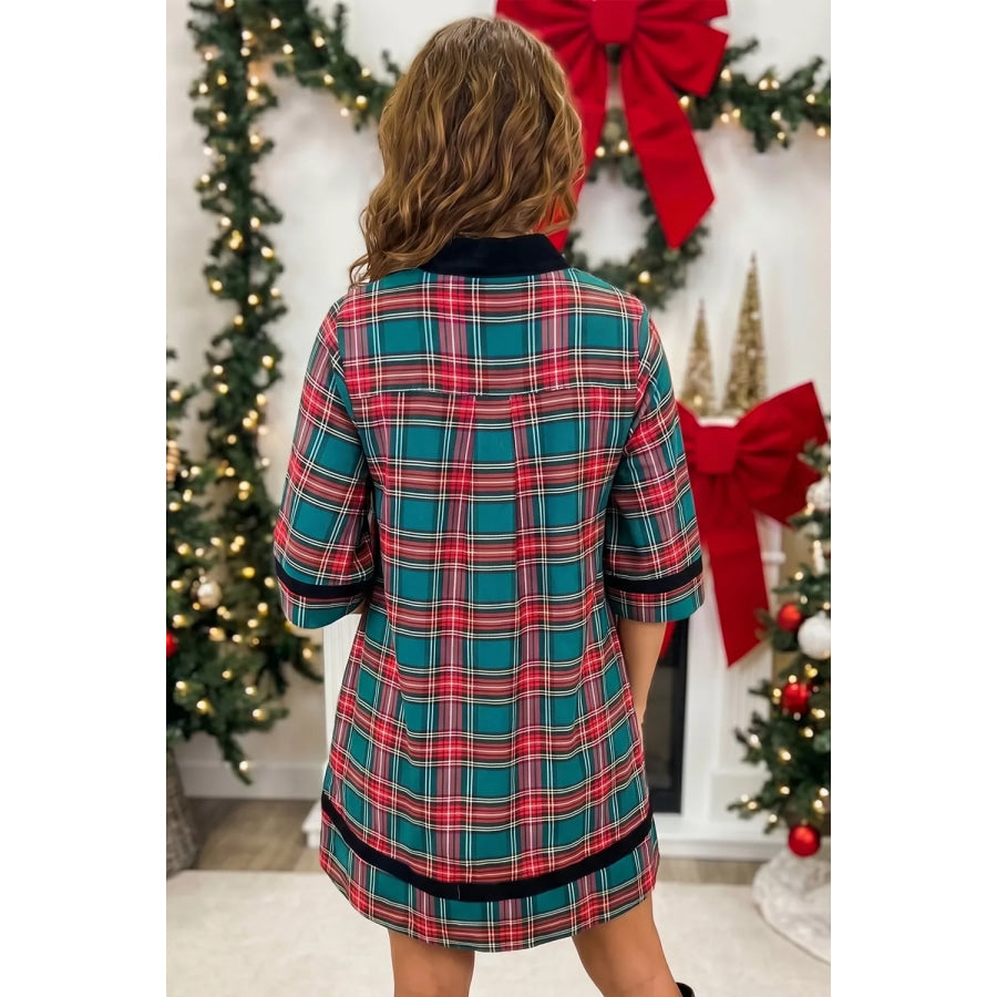 Plaid Velvet Trim Pockets Short Shift Dress Apparel and Accessories