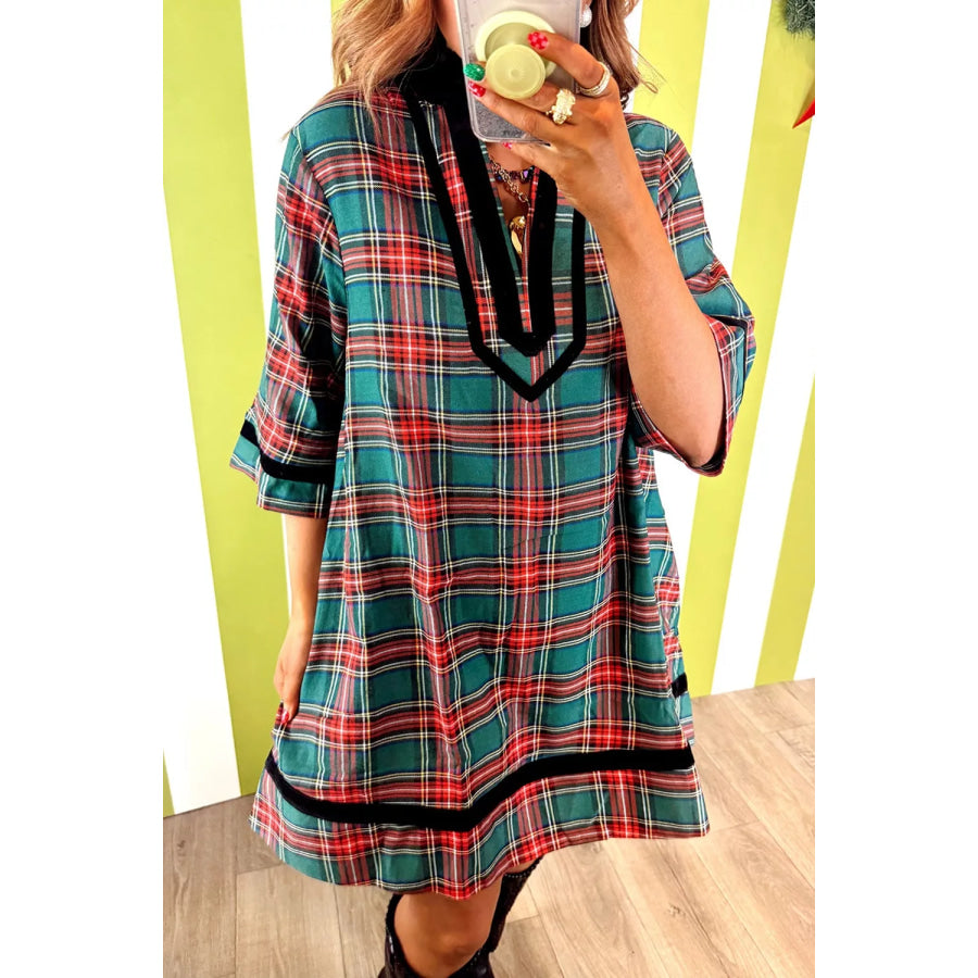 Plaid Velvet Trim Pockets Short Shift Dress Apparel and Accessories