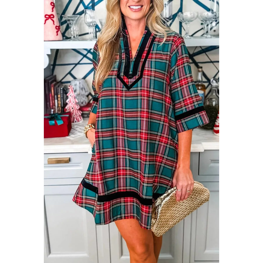 Plaid Velvet Trim Pockets Short Shift Dress Apparel and Accessories