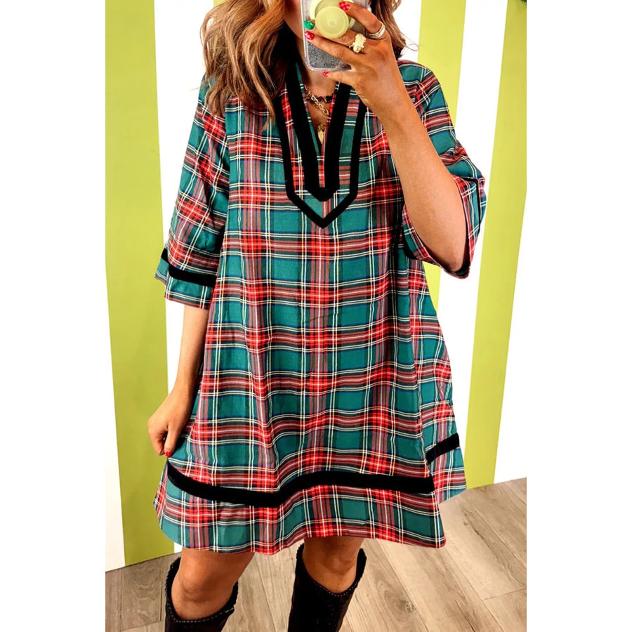 Plaid Velvet Trim Pockets Short Shift Dress Apparel and Accessories