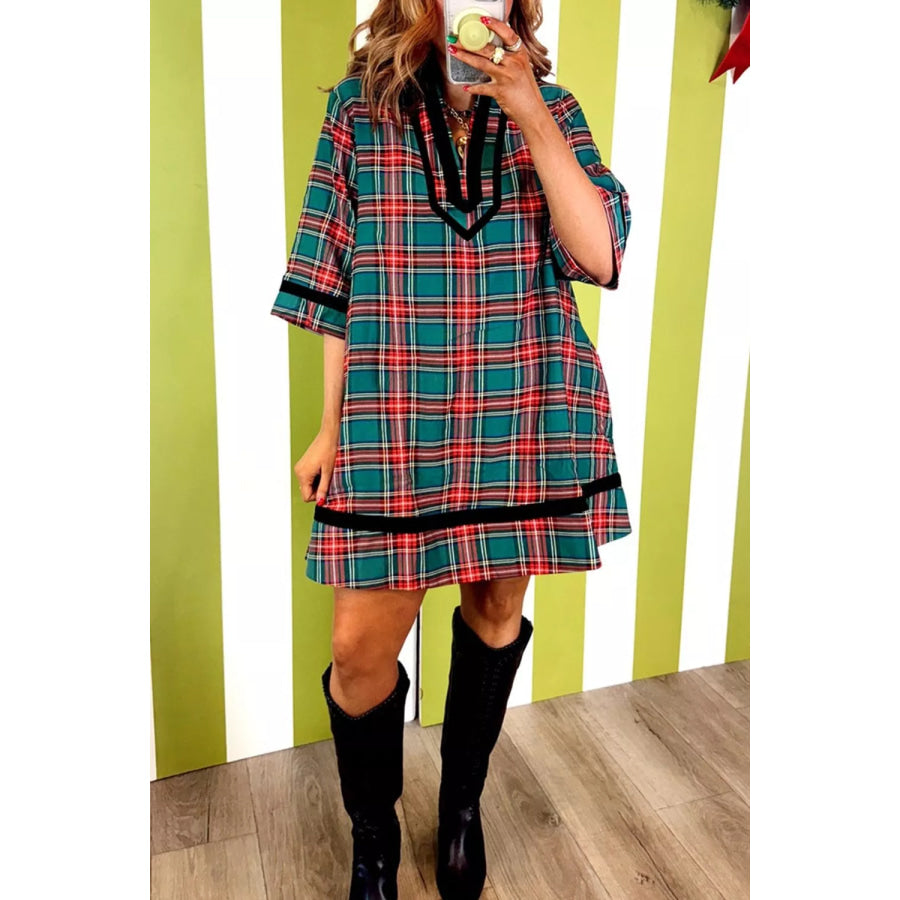 Plaid Velvet Trim Pockets Short Shift Dress Apparel and Accessories