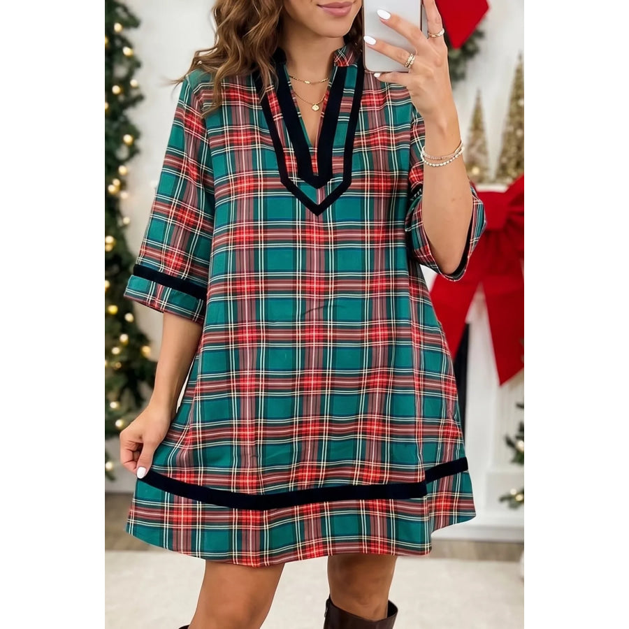 Plaid Velvet Trim Pockets Short Shift Dress Plaid / S Apparel and Accessories