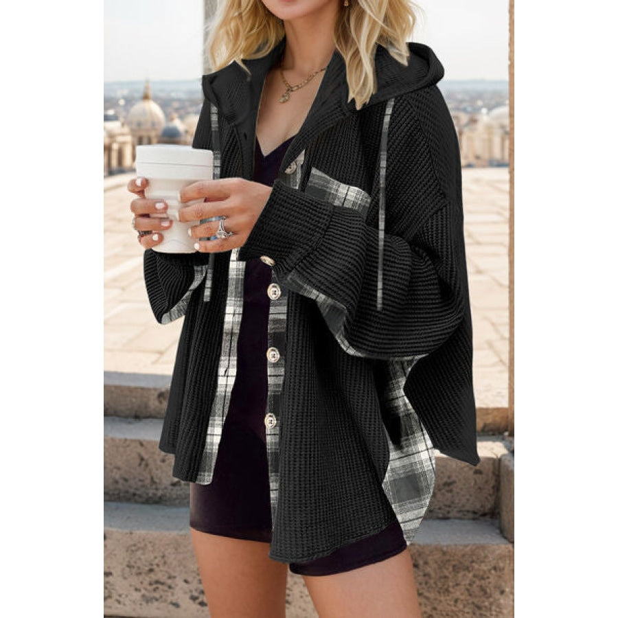 Plaid Waffle-Knit Drawstring Hooded Jacket Black / S Apparel and Accessories