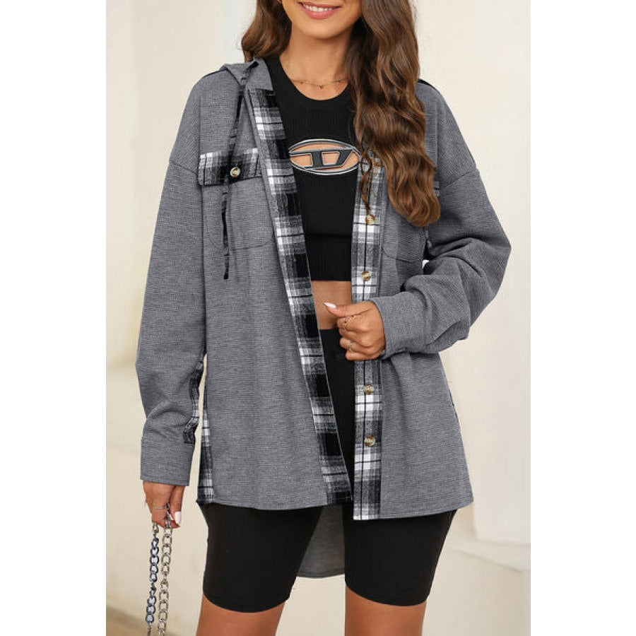 Plaid Waffle-Knit Drawstring Hooded Jacket Charcoal / S Apparel and Accessories