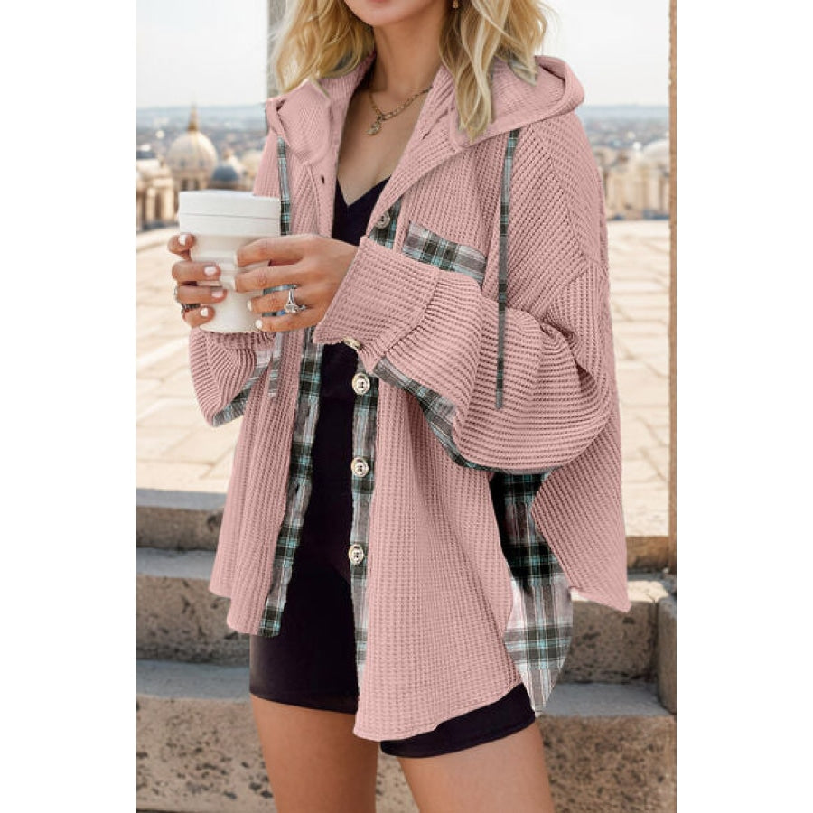 Plaid Waffle-Knit Drawstring Hooded Jacket Dusty Pink / S Apparel and Accessories