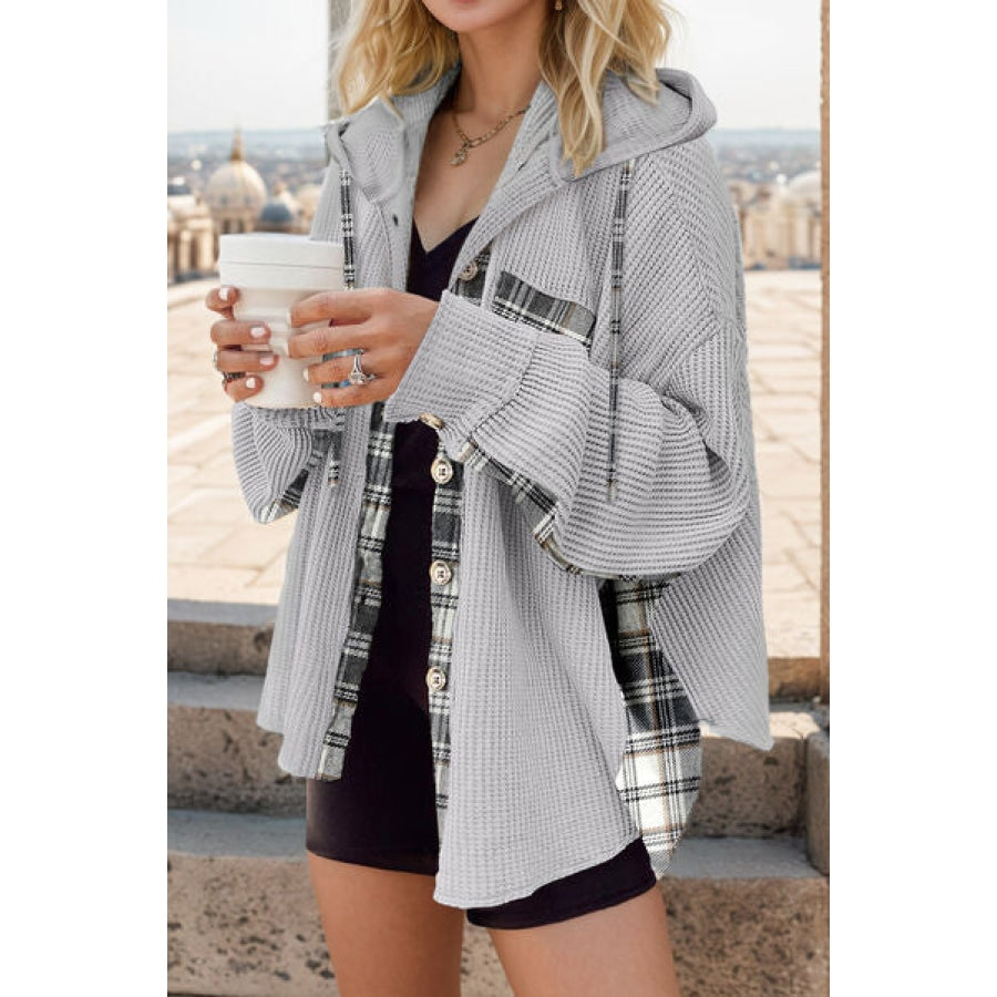 Plaid Waffle-Knit Drawstring Hooded Jacket Heather Gray / S Apparel and Accessories