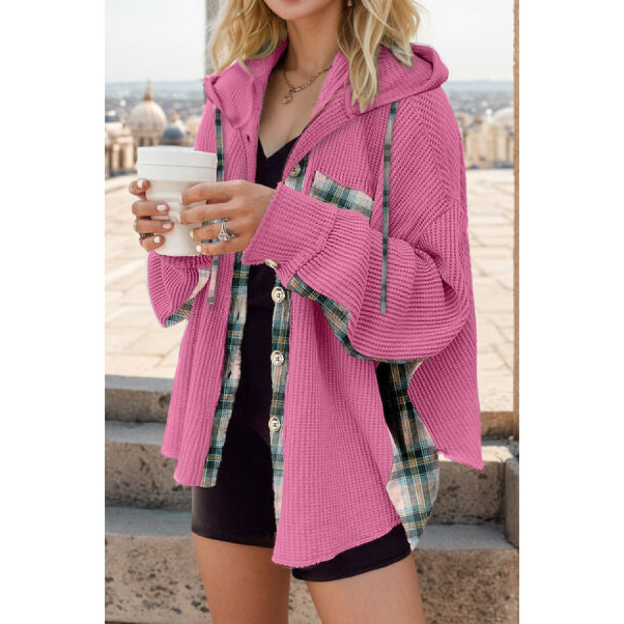 Plaid Waffle-Knit Drawstring Hooded Jacket Hot Pink / S Apparel and Accessories