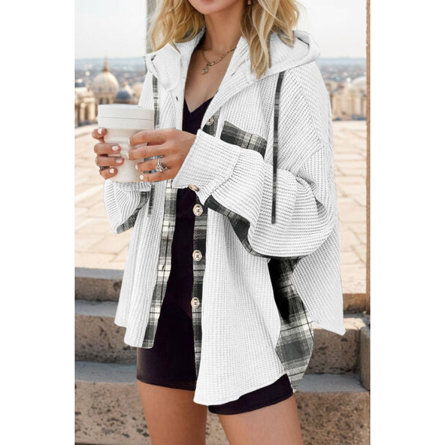 Plaid Waffle-Knit Drawstring Hooded Jacket White / S Apparel and Accessories