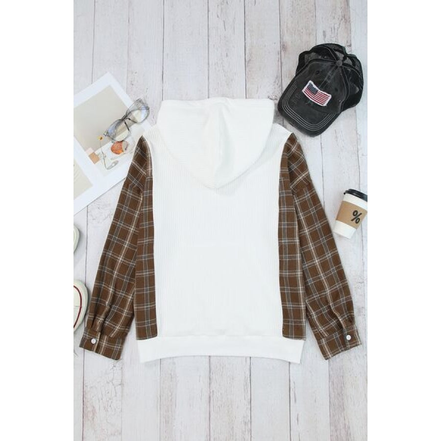 Plaid Waffle-Knit Drawstring Kangaroo Pocket Hoodie Clothing