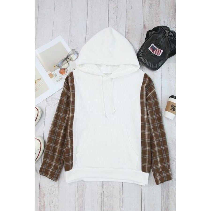 Plaid Waffle-Knit Drawstring Kangaroo Pocket Hoodie Clothing