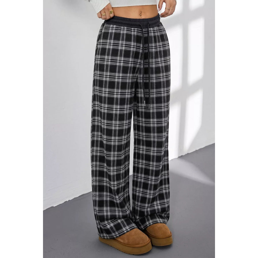 Plaid Wide-Leg Drawstring Pants Apparel and Accessories