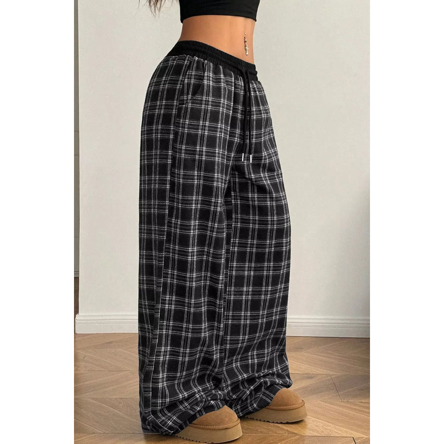 Plaid Wide-Leg Drawstring Pants Apparel and Accessories