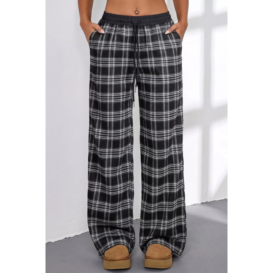 Plaid Wide-Leg Drawstring Pants Apparel and Accessories