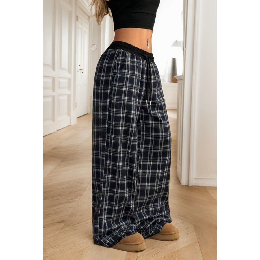Plaid Wide Leg Pants Black / S Apparel and Accessories