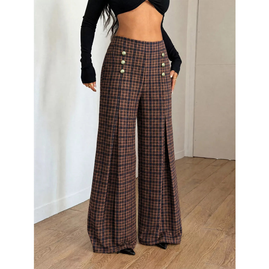Plaid Wide-Leg Pants Brown / XS Apparel and Accessories