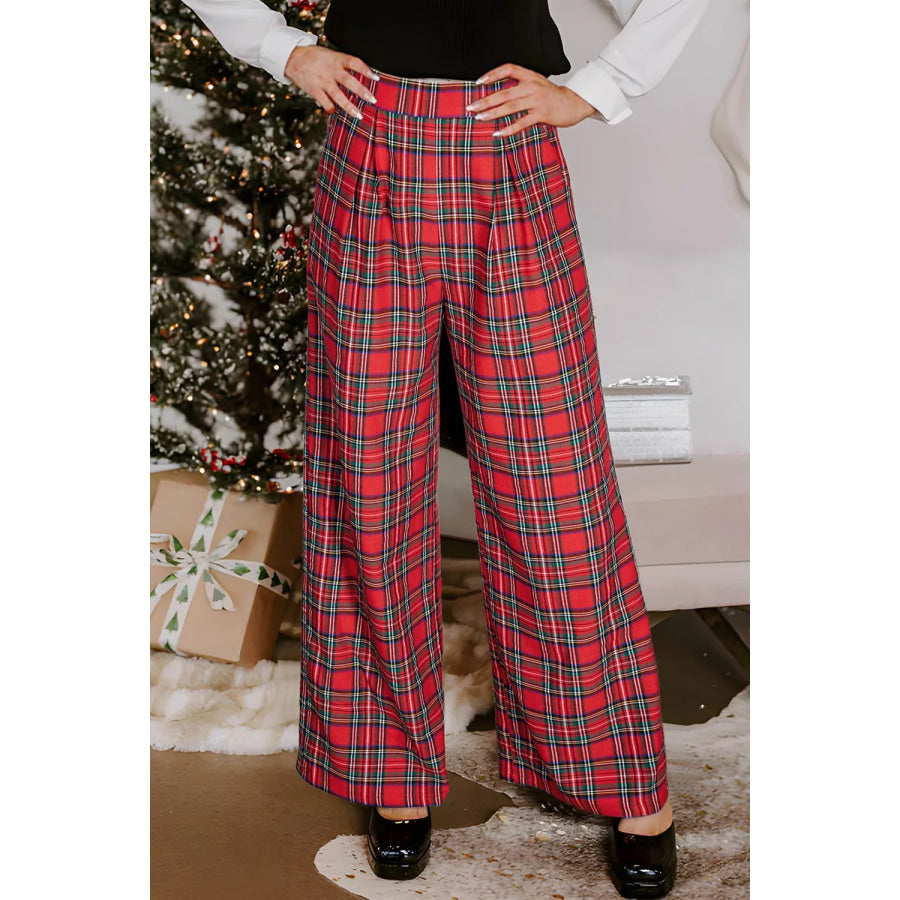 Plaid Wide-Leg Pants Deep Red / S Apparel and Accessories