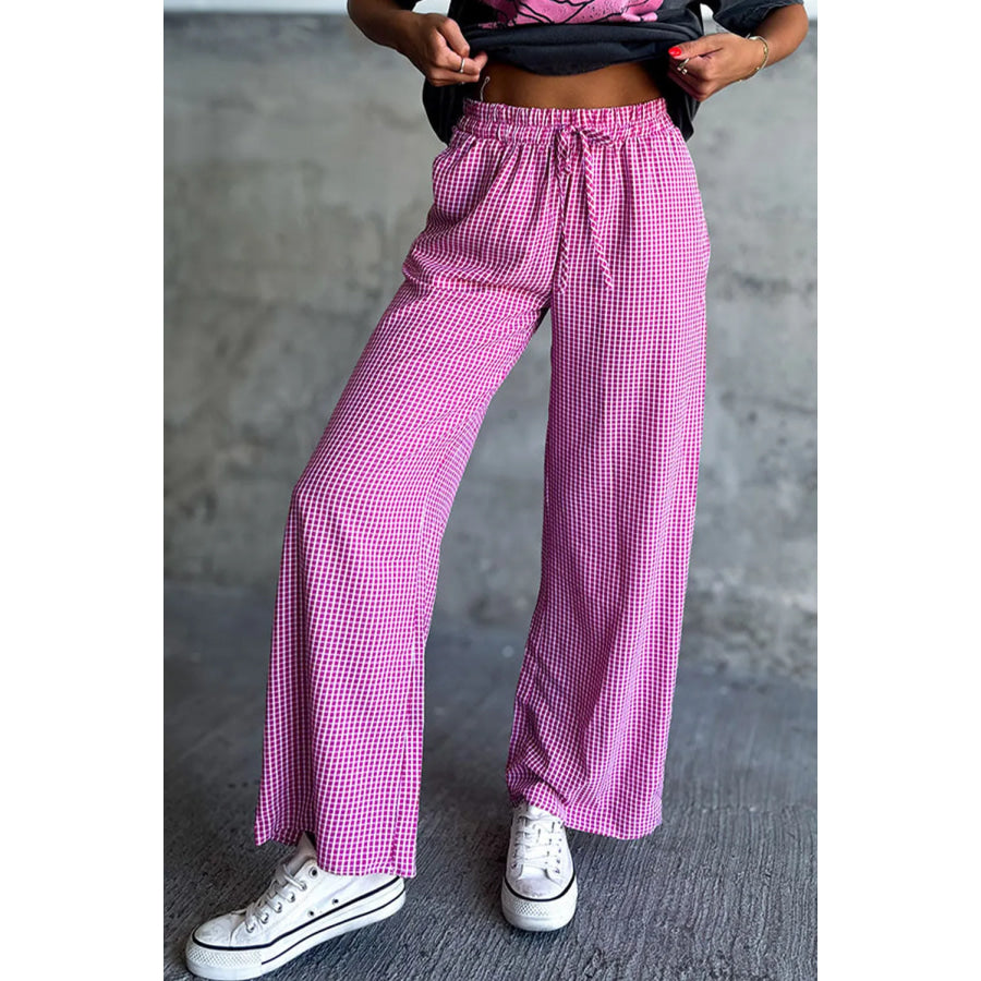 Plaid Wide Leg Pants with Pockets Fuchsia Pink / S Apparel and Accessories