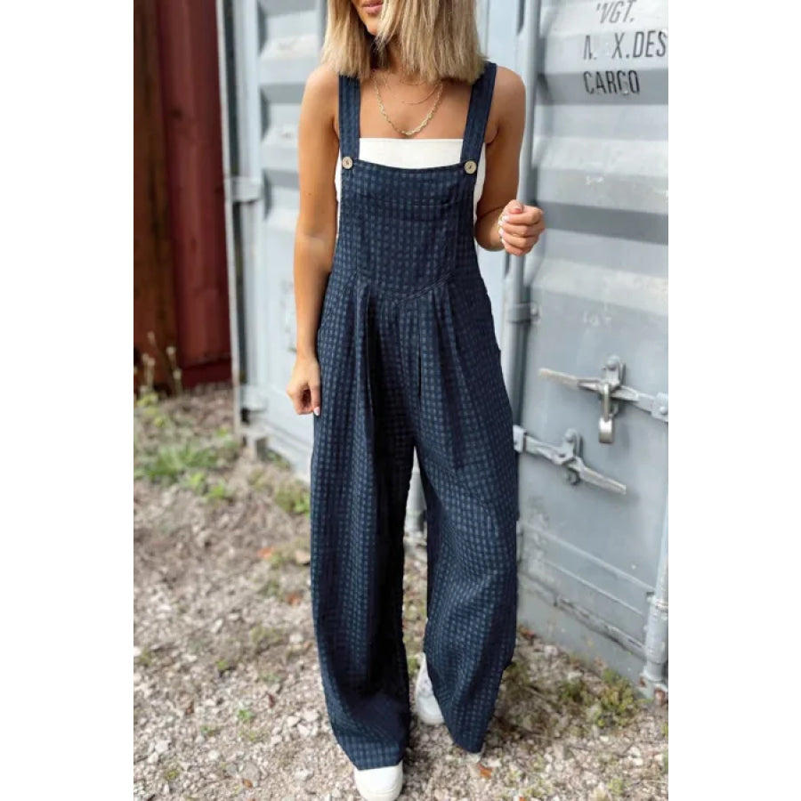 Plaid Wide Strap Wide Leg Overalls Dark Blue / S Apparel and Accessories