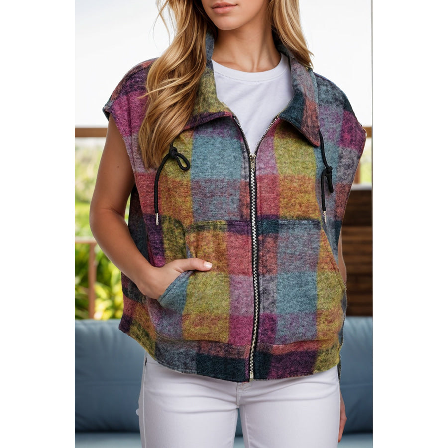 Plaid Zip Up Collared Neck Vest Coat Plaid / S Apparel and Accessories