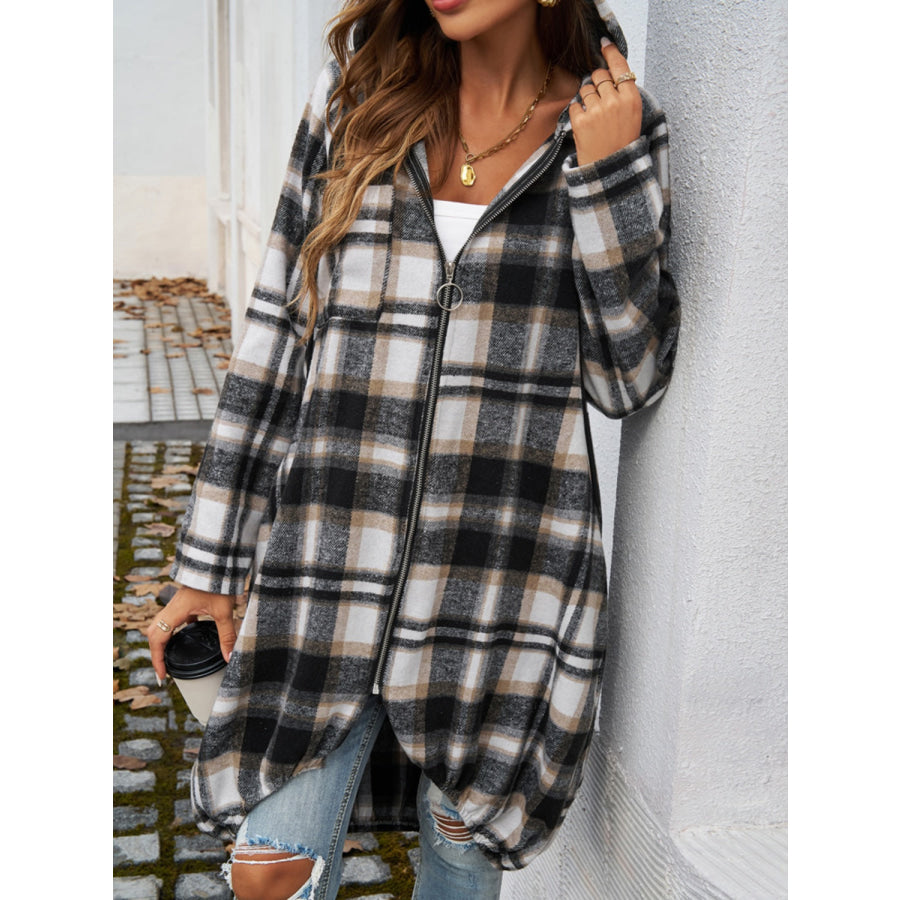 Plaid Zip Up Hooded Coat Apparel and Accessories