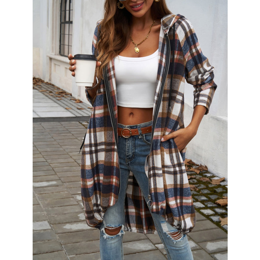 Plaid Zip Up Hooded Coat Apparel and Accessories