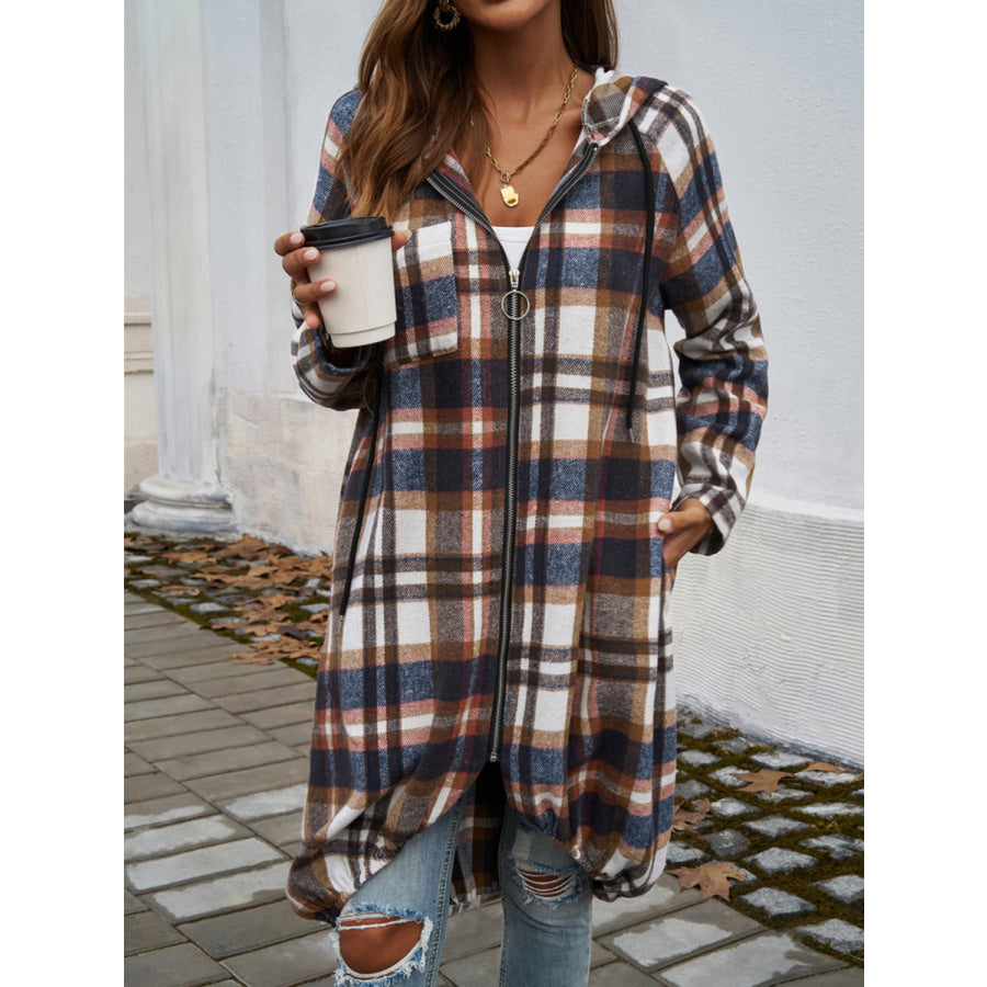 Plaid Zip Up Hooded Coat Apparel and Accessories