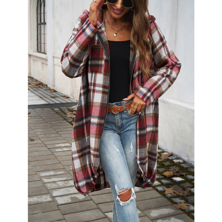 Plaid Zip Up Hooded Coat Apparel and Accessories