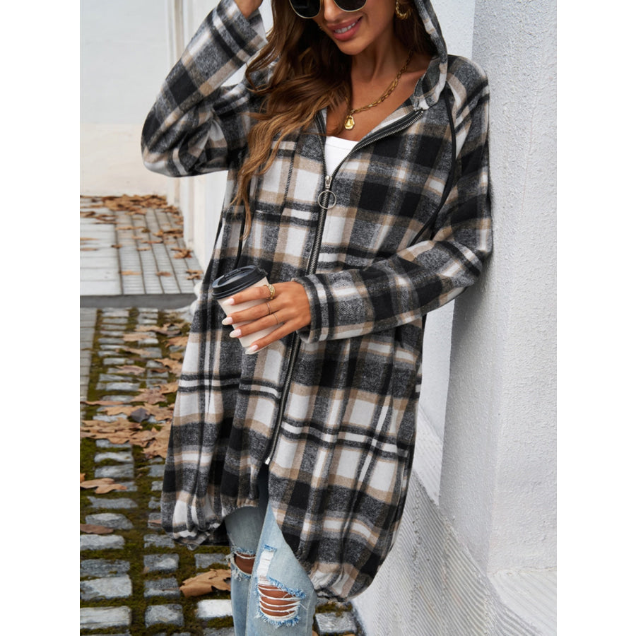 Plaid Zip Up Hooded Coat Apparel and Accessories