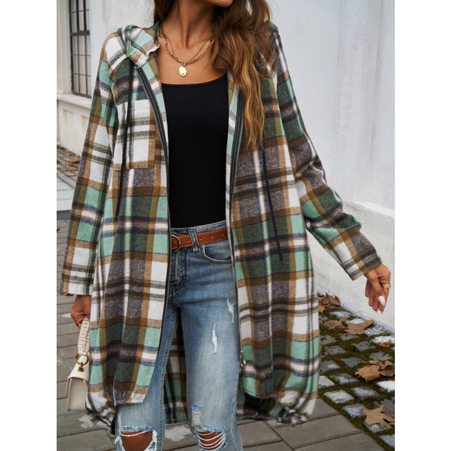 Plaid Zip Up Hooded Coat Apparel and Accessories