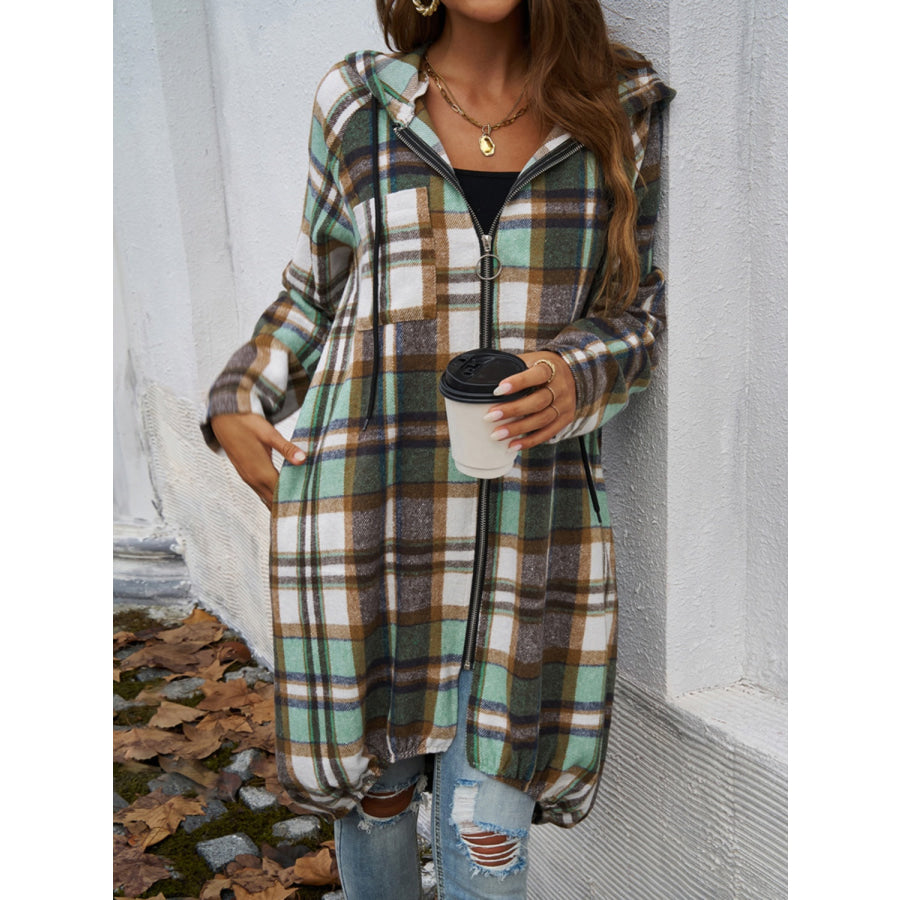 Plaid Zip Up Hooded Coat Apparel and Accessories