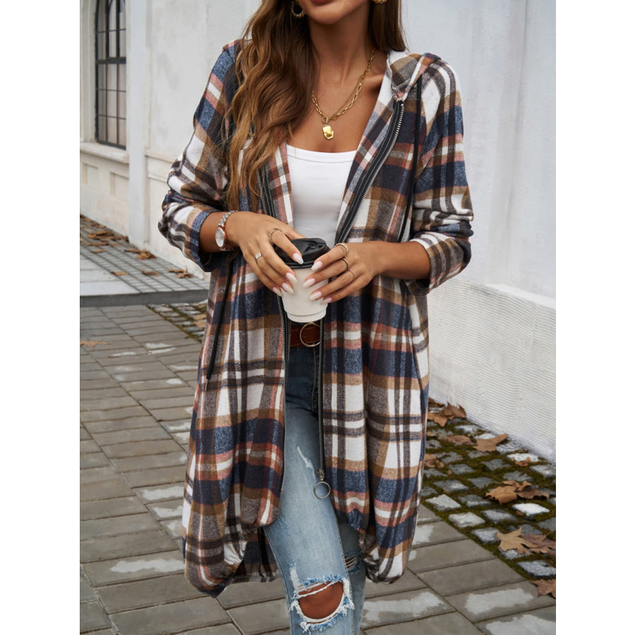 Plaid Zip Up Hooded Coat Apparel and Accessories