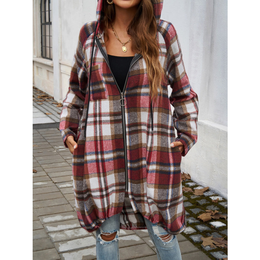 Plaid Zip Up Hooded Coat Apparel and Accessories