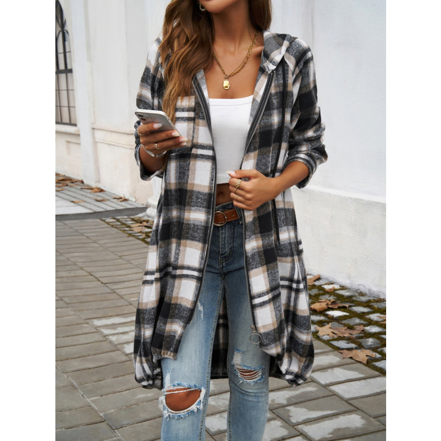 Plaid Zip Up Hooded Coat Apparel and Accessories