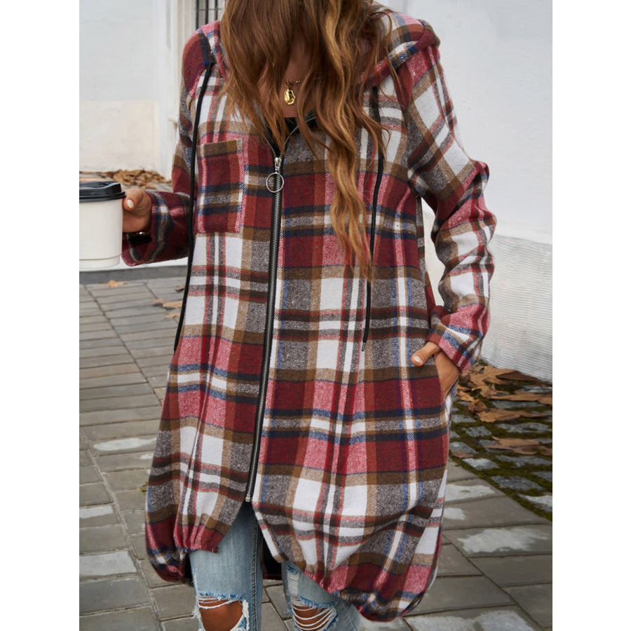 Plaid Zip Up Hooded Coat Apparel and Accessories