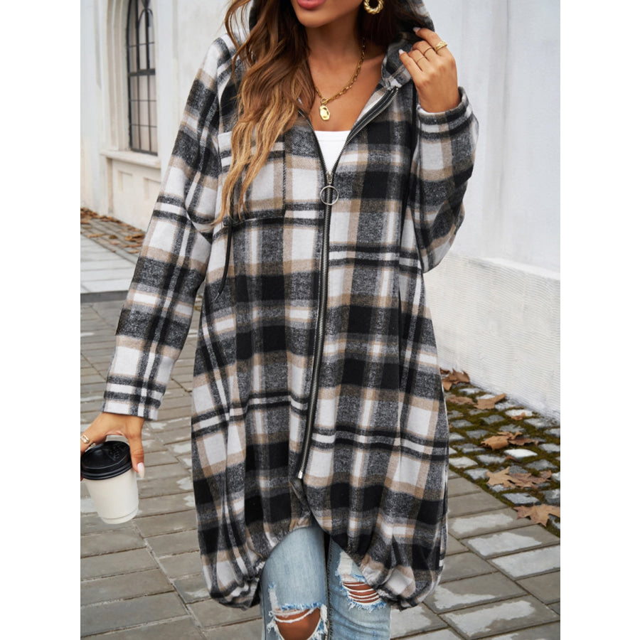 Plaid Zip Up Hooded Coat Apparel and Accessories