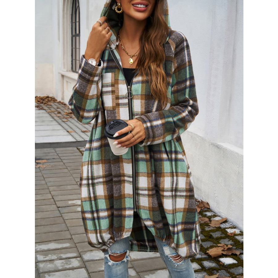 Plaid Zip Up Hooded Coat Apparel and Accessories