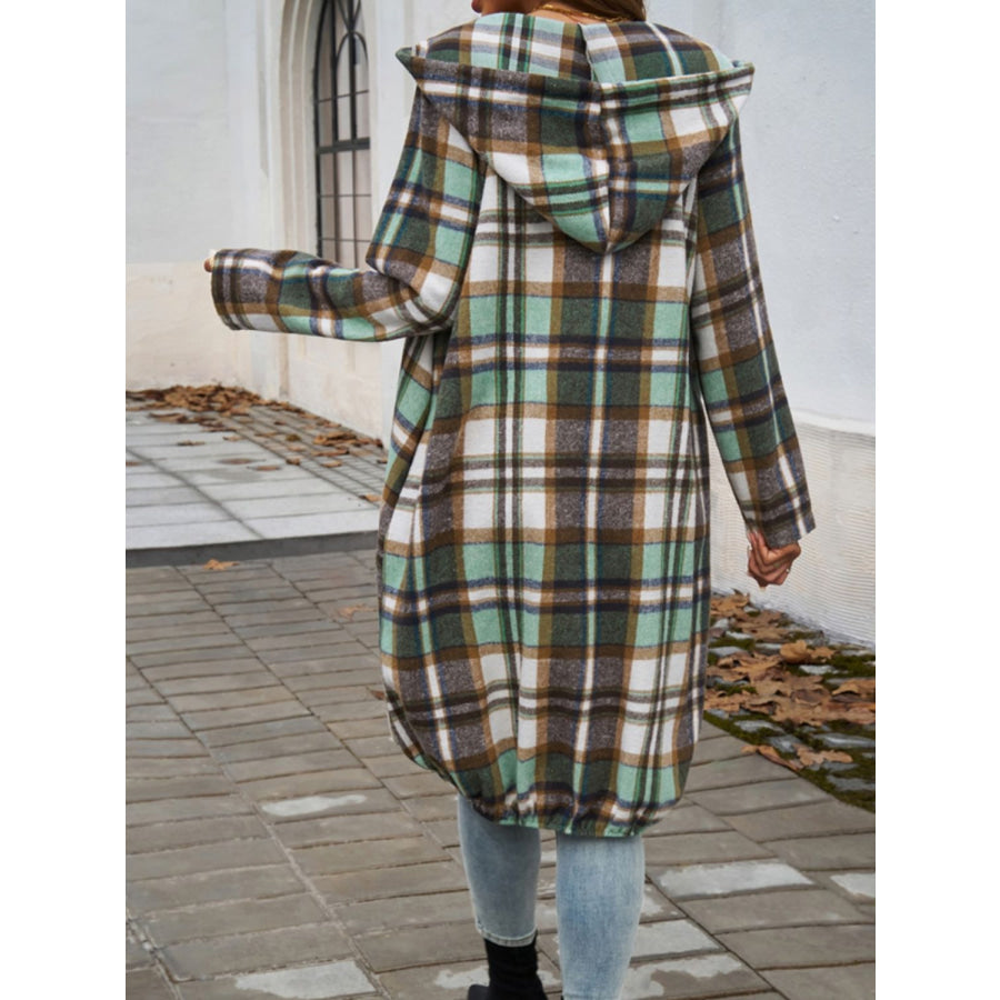 Plaid Zip Up Hooded Coat Apparel and Accessories