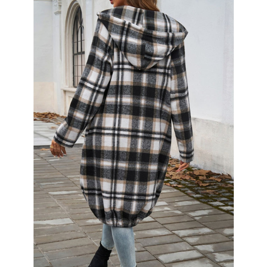 Plaid Zip Up Hooded Coat Apparel and Accessories